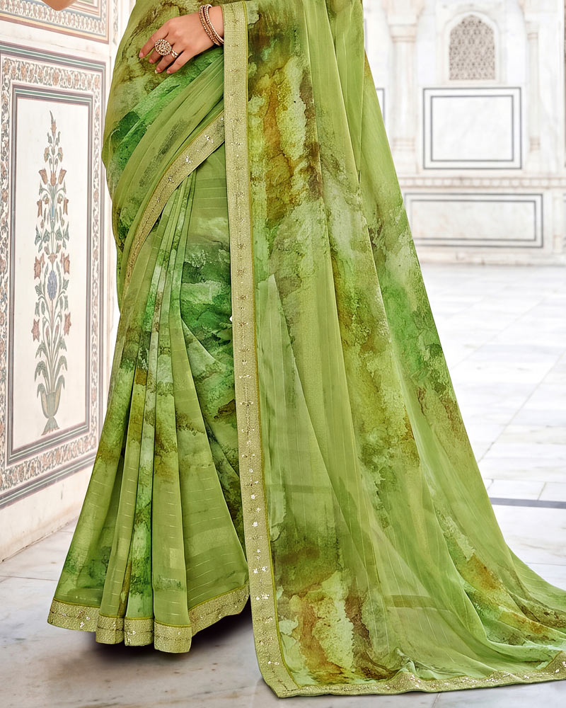 Vishal Prints Moss Green Fancy Chiffon Digital Print Saree With Embroidery Border