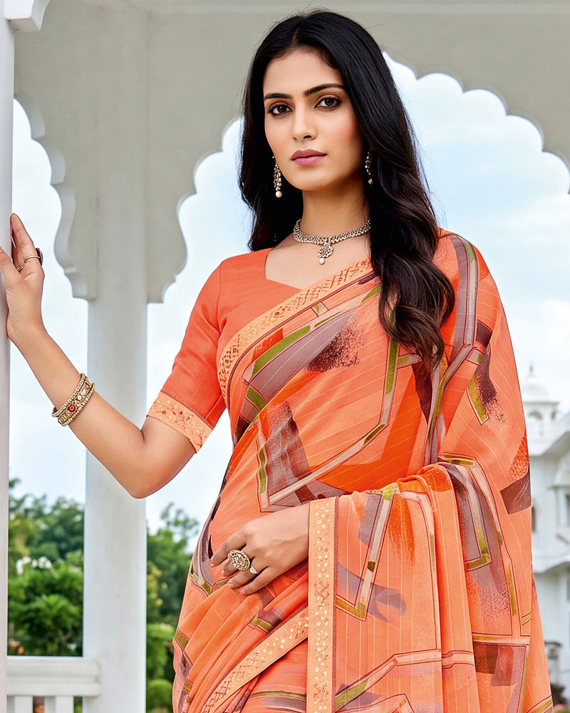Vishal Prints Orange Brown Fancy Chiffon Digital Print Saree With Embroidery Border