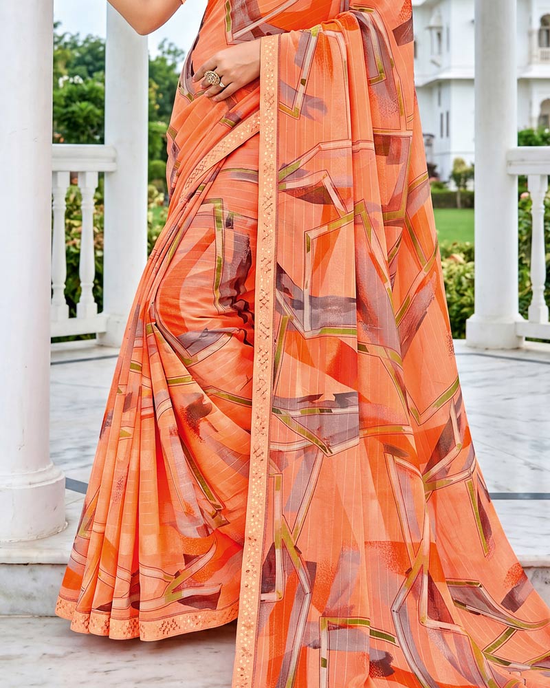 Vishal Prints Orange Brown Fancy Chiffon Digital Print Saree With Embroidery Border