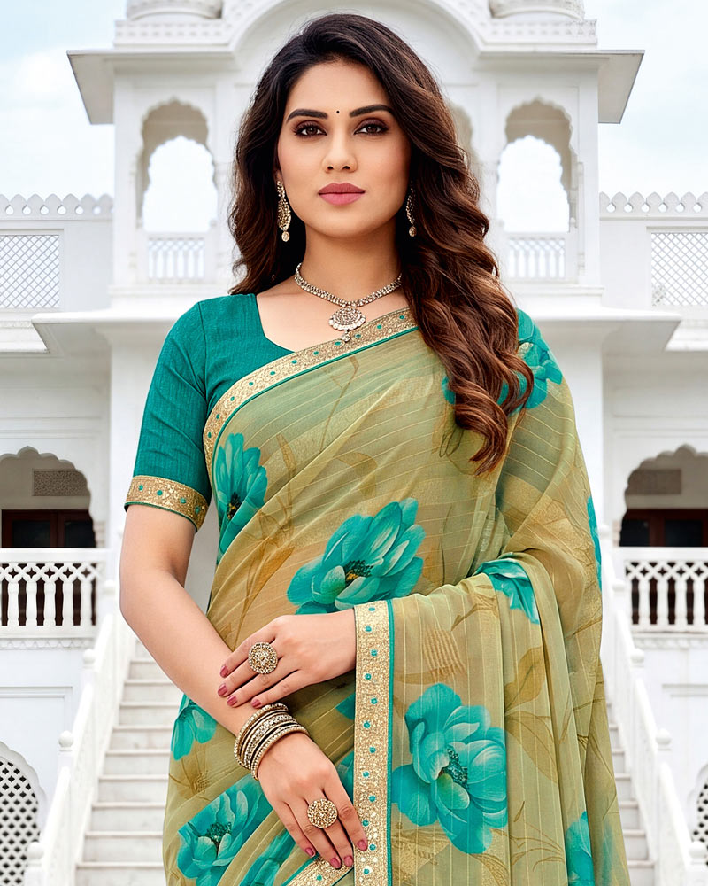 Vishal Prints Light Dusty Beige Fancy Chiffon Digital Print Saree With Embroidery Border