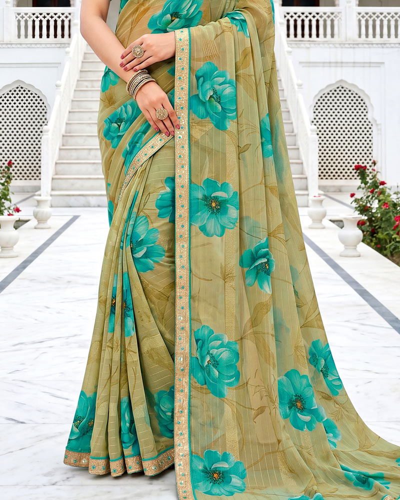 Vishal Prints Light Dusty Beige Fancy Chiffon Digital Print Saree With Embroidery Border