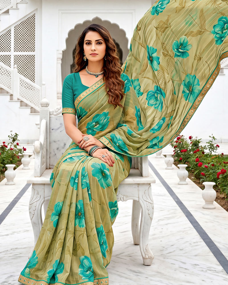 Vishal Prints Light Dusty Beige Fancy Chiffon Digital Print Saree With Embroidery Border