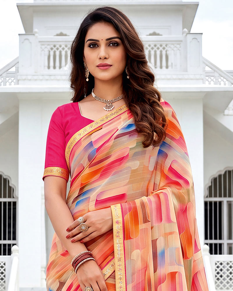 Vishal Prints Multicolour Fancy Chiffon Digital Print Saree With Embroidery Border