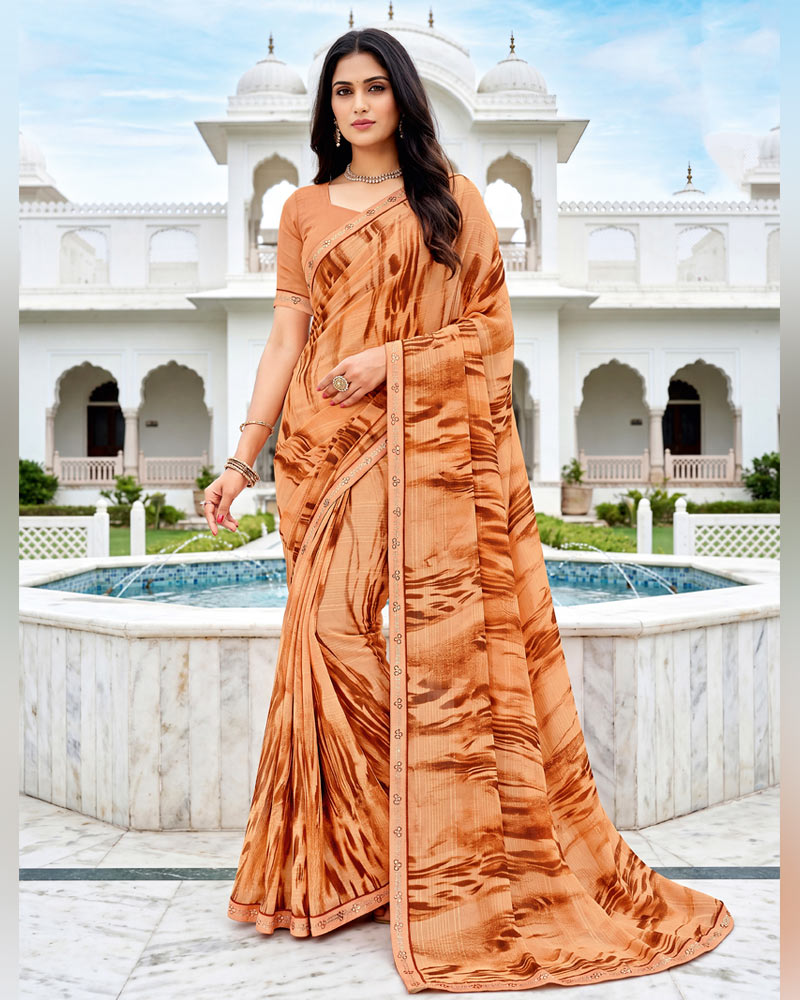 Vishal Prints Pale Orange Fancy Chiffon Digital Print Saree With Embroidery Border