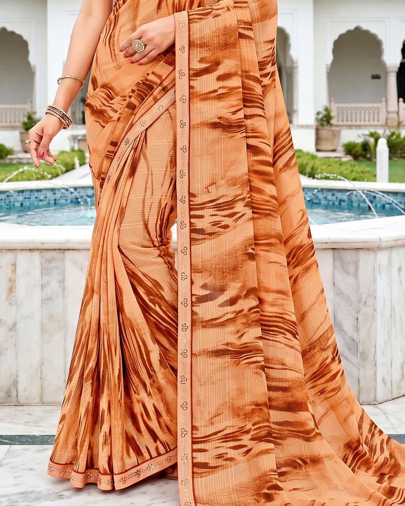 Vishal Prints Pale Orange Fancy Chiffon Digital Print Saree With Embroidery Border