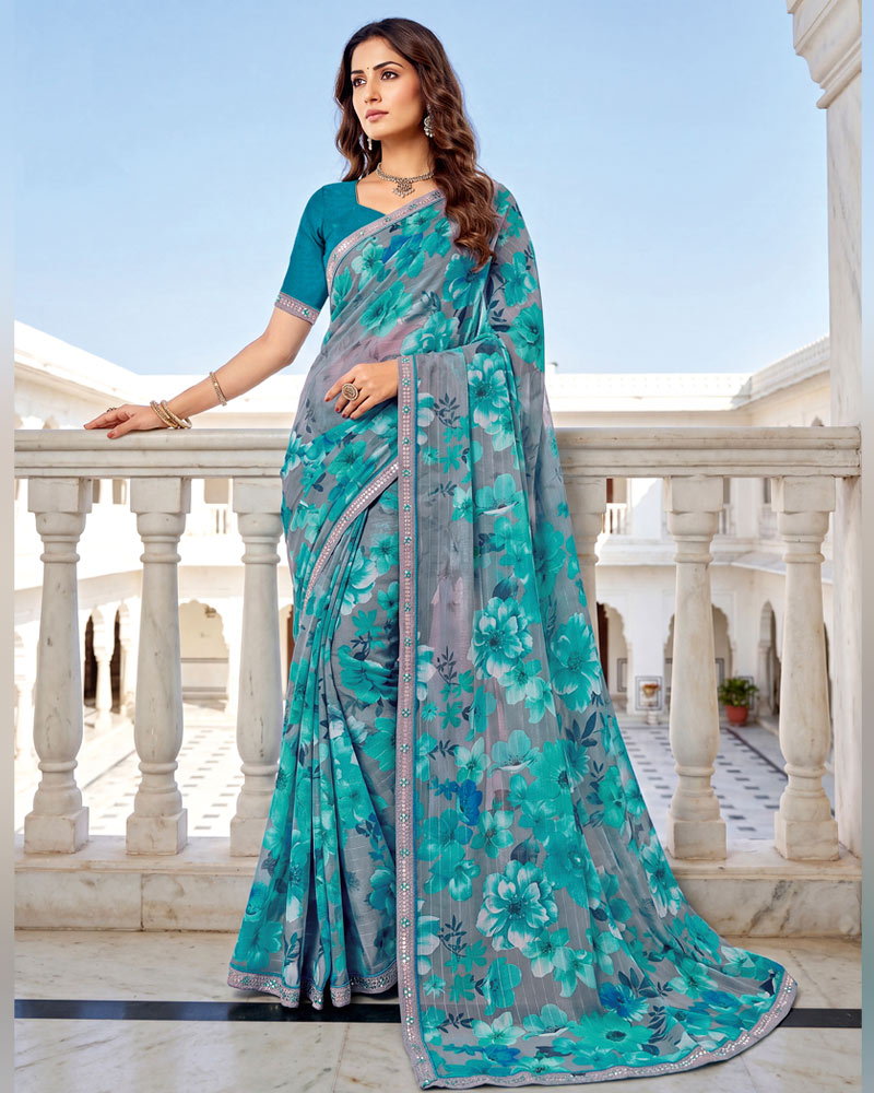 Vishal Prints Teal Blue Fancy Chiffon Digital Print Saree With Embroidery Border