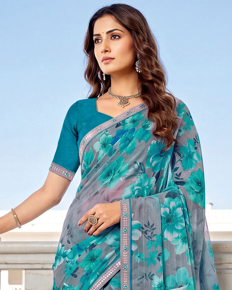 Vishal Prints Teal Blue Fancy Chiffon Digital Print Saree With Embroidery Border