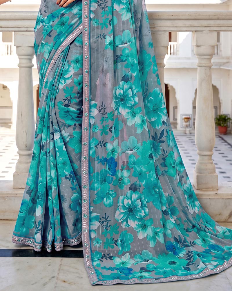 Vishal Prints Teal Blue Fancy Chiffon Digital Print Saree With Embroidery Border