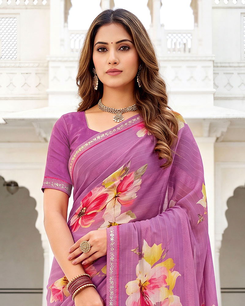 Vishal Prints Purple Fancy Chiffon Digital Print Saree With Embroidery Border