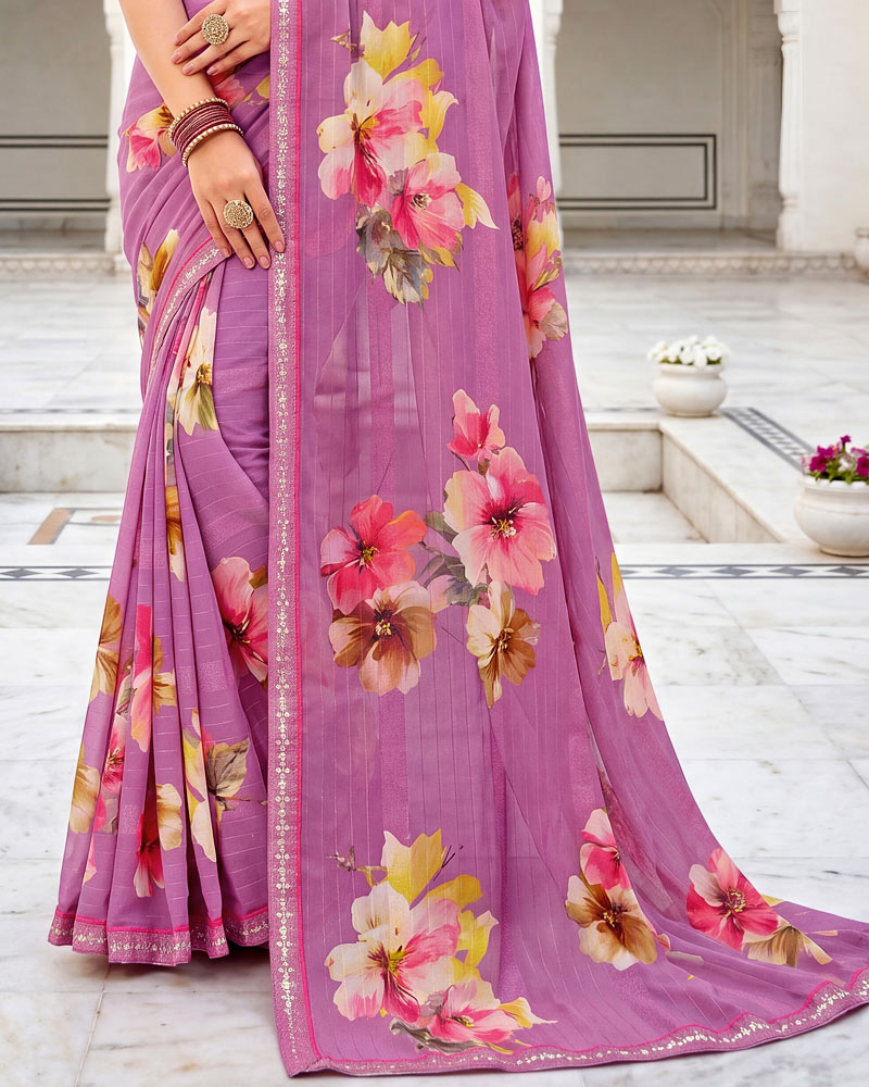 Vishal Prints Purple Fancy Chiffon Digital Print Saree With Embroidery Border