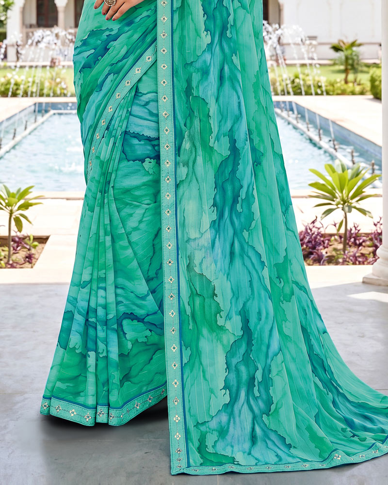 Vishal Prints Teal Green Fancy Chiffon Digital Print Saree With Embroidery Border