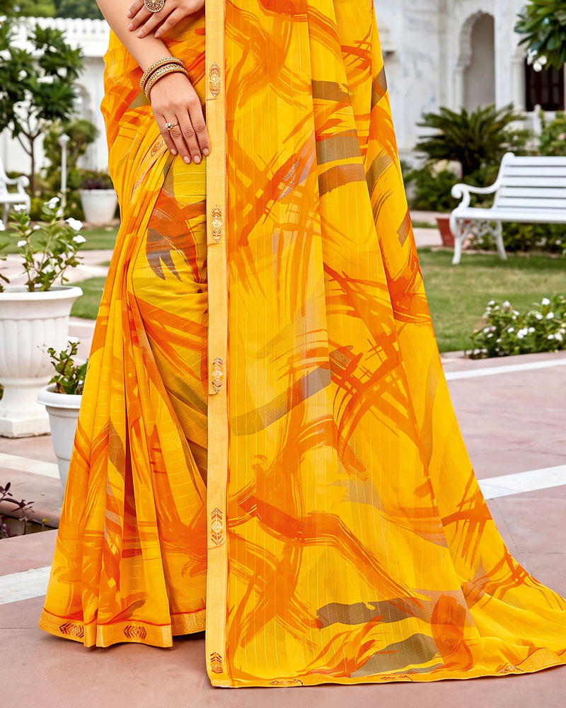 Vishal Prints Bright Yellow Fancy Chiffon Digital Print Saree With Embroidery Border