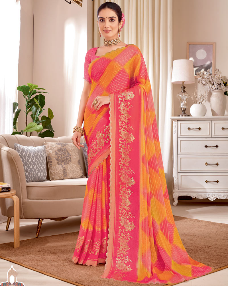Vishal Prints Coral Red Designer Patterned Chiffon Saree With Foil Print And Cut Work Diamond Border
