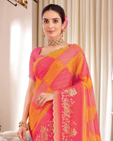 Vishal Prints Coral Red Designer Patterned Chiffon Saree With Foil Print And Cut Work Diamond Border
