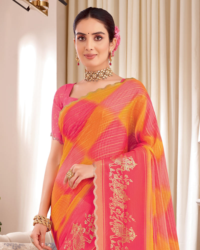 Vishal Prints Coral Red Designer Patterned Chiffon Saree With Foil Print And Cut Work Diamond Border