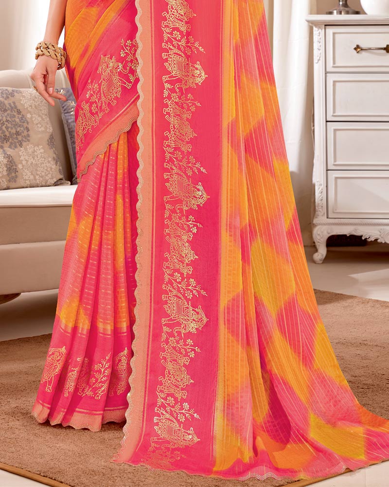 Vishal Prints Coral Red Designer Patterned Chiffon Saree With Foil Print And Cut Work Diamond Border