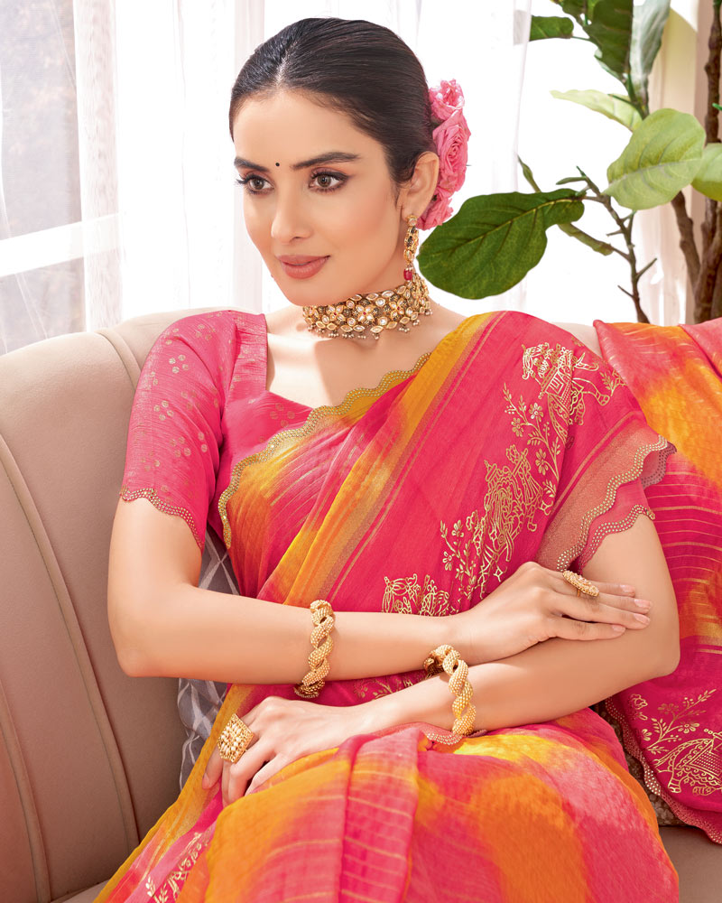 Vishal Prints Coral Red Designer Patterned Chiffon Saree With Foil Print And Cut Work Diamond Border