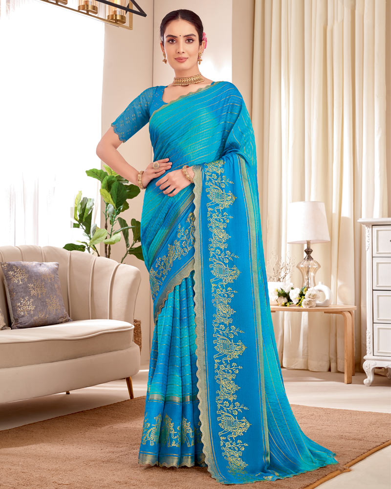 Vishal Prints Pacific Blue Designer Patterned Chiffon Saree With Foil Print And Cut Work Diamond Border