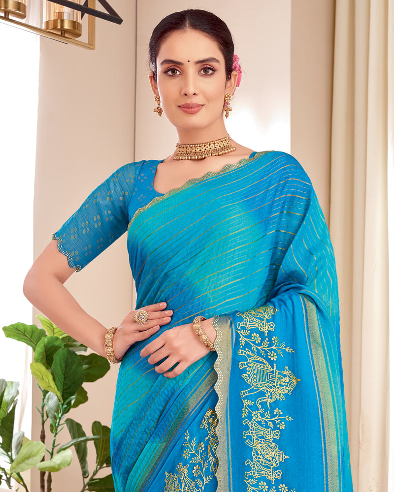Vishal Prints Pacific Blue Designer Patterned Chiffon Saree With Foil Print And Cut Work Diamond Border