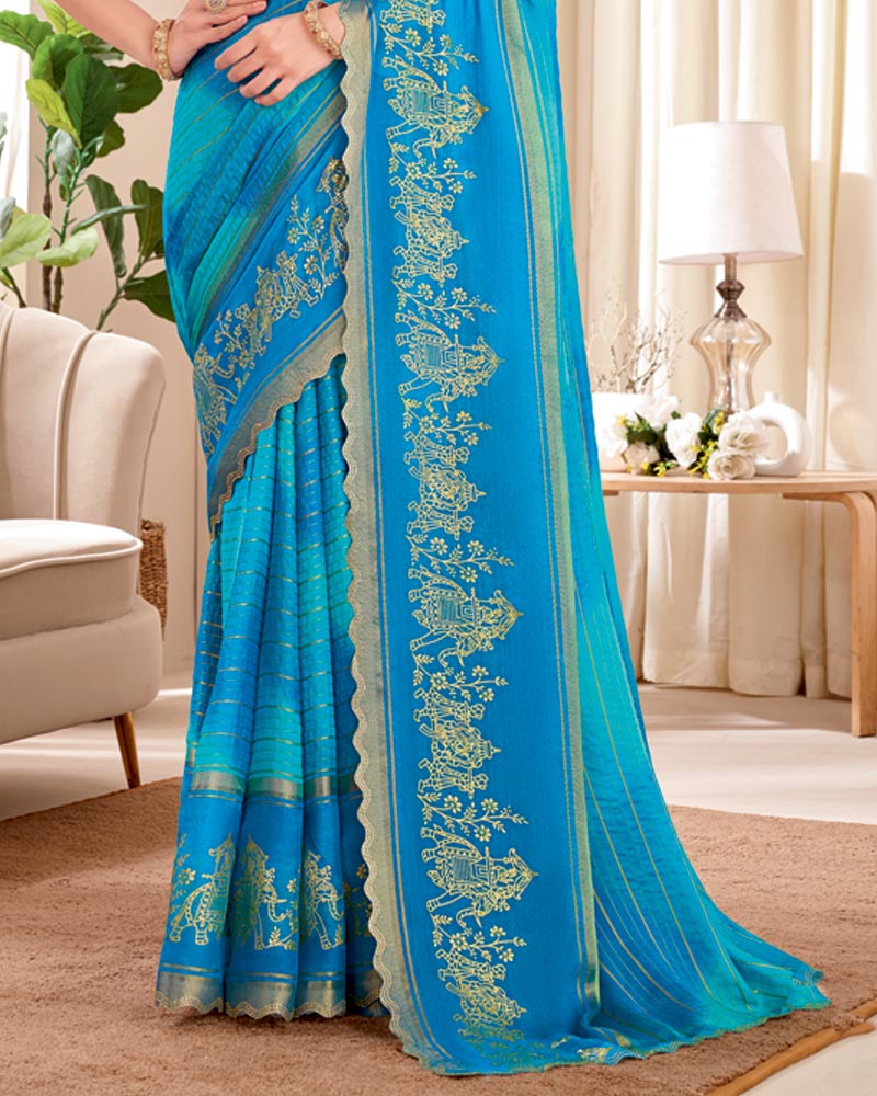 Vishal Prints Pacific Blue Designer Patterned Chiffon Saree With Foil Print And Cut Work Diamond Border