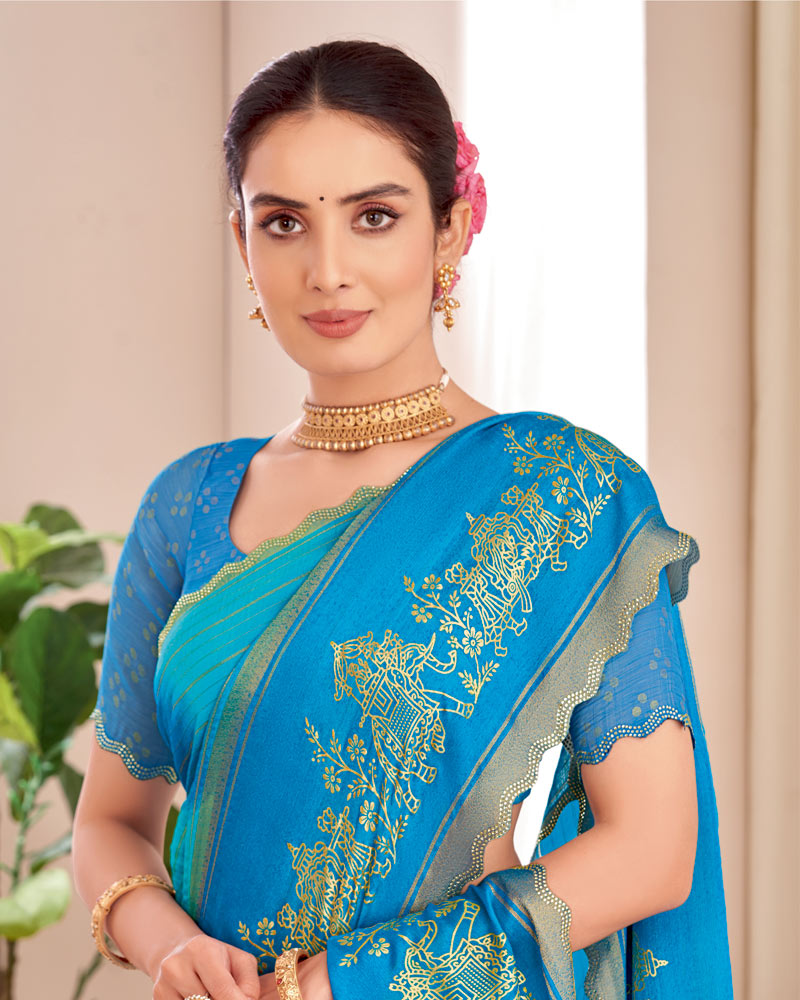 Vishal Prints Pacific Blue Designer Patterned Chiffon Saree With Foil Print And Cut Work Diamond Border