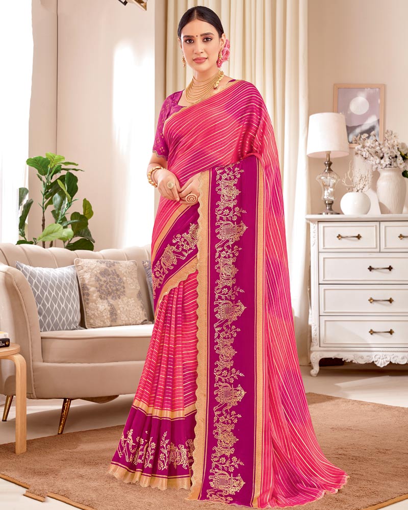 Vishal Prints Dark Pink Designer Patterned Chiffon Saree With Foil Print And Cut Work Diamond Border