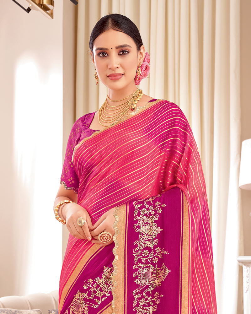 Vishal Prints Dark Pink Designer Patterned Chiffon Saree With Foil Print And Cut Work Diamond Border