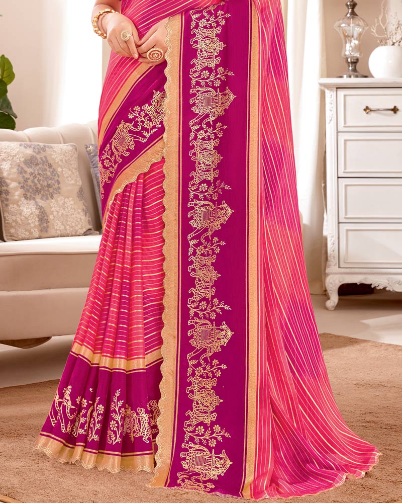 Vishal Prints Dark Pink Designer Patterned Chiffon Saree With Foil Print And Cut Work Diamond Border