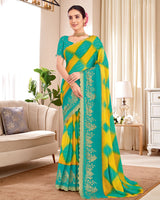 Vishal Prints Dark Teal Green Designer Patterned Chiffon Saree With Foil Print And Cut Work Diamond Border