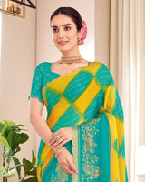 Vishal Prints Dark Teal Green Designer Patterned Chiffon Saree With Foil Print And Cut Work Diamond Border