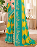 Vishal Prints Dark Teal Green Designer Patterned Chiffon Saree With Foil Print And Cut Work Diamond Border