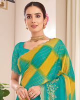 Vishal Prints Dark Teal Green Designer Patterned Chiffon Saree With Foil Print And Cut Work Diamond Border