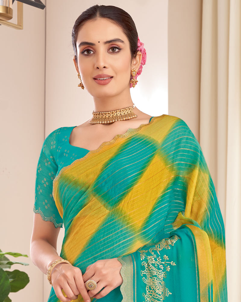 Vishal Prints Dark Teal Green Designer Patterned Chiffon Saree With Foil Print And Cut Work Diamond Border