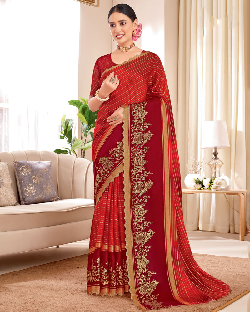 Vishal Prints Milano Red Designer Patterned Chiffon Saree With Foil Print And Cut Work Diamond Border
