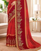 Vishal Prints Milano Red Designer Patterned Chiffon Saree With Foil Print And Cut Work Diamond Border