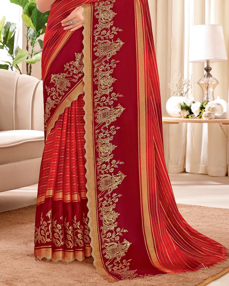 Vishal Prints Milano Red Designer Patterned Chiffon Saree With Foil Print And Cut Work Diamond Border
