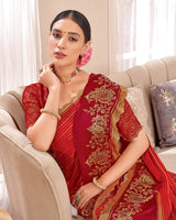 Vishal Prints Milano Red Designer Patterned Chiffon Saree With Foil Print And Cut Work Diamond Border