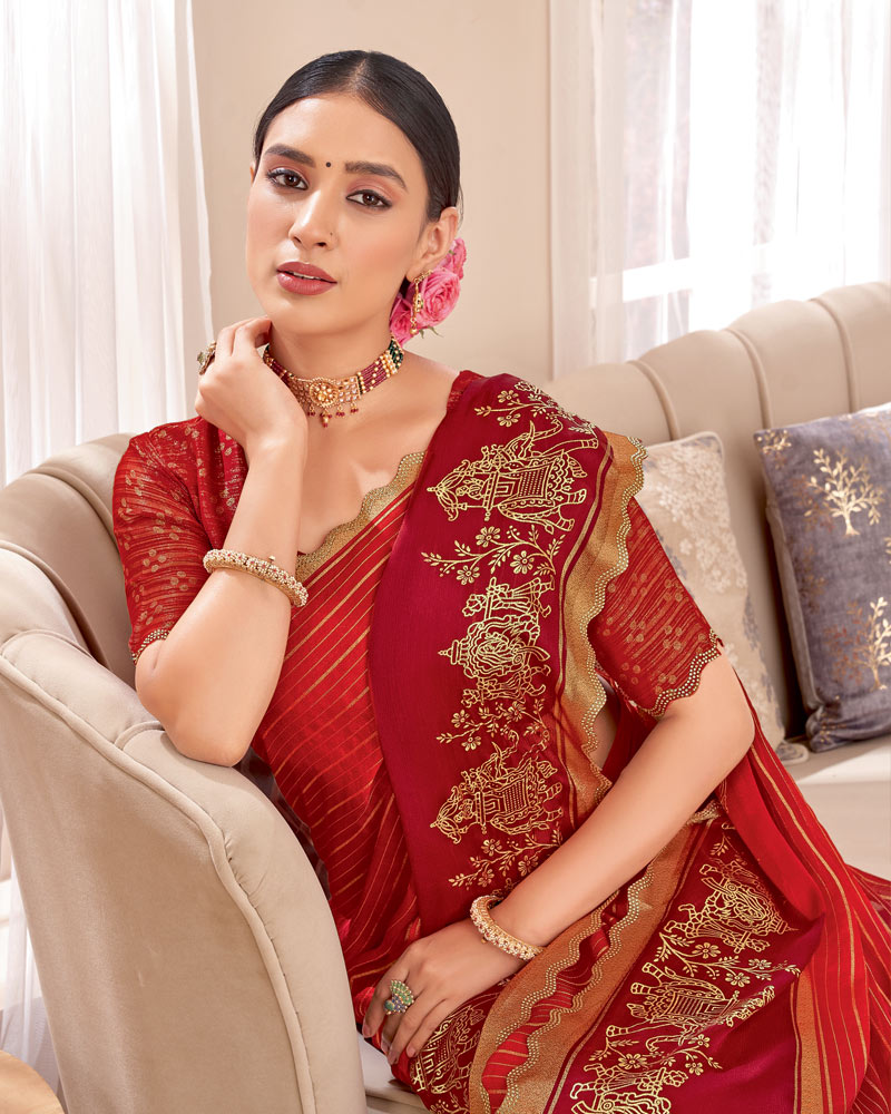 Vishal Prints Milano Red Designer Patterned Chiffon Saree With Foil Print And Cut Work Diamond Border