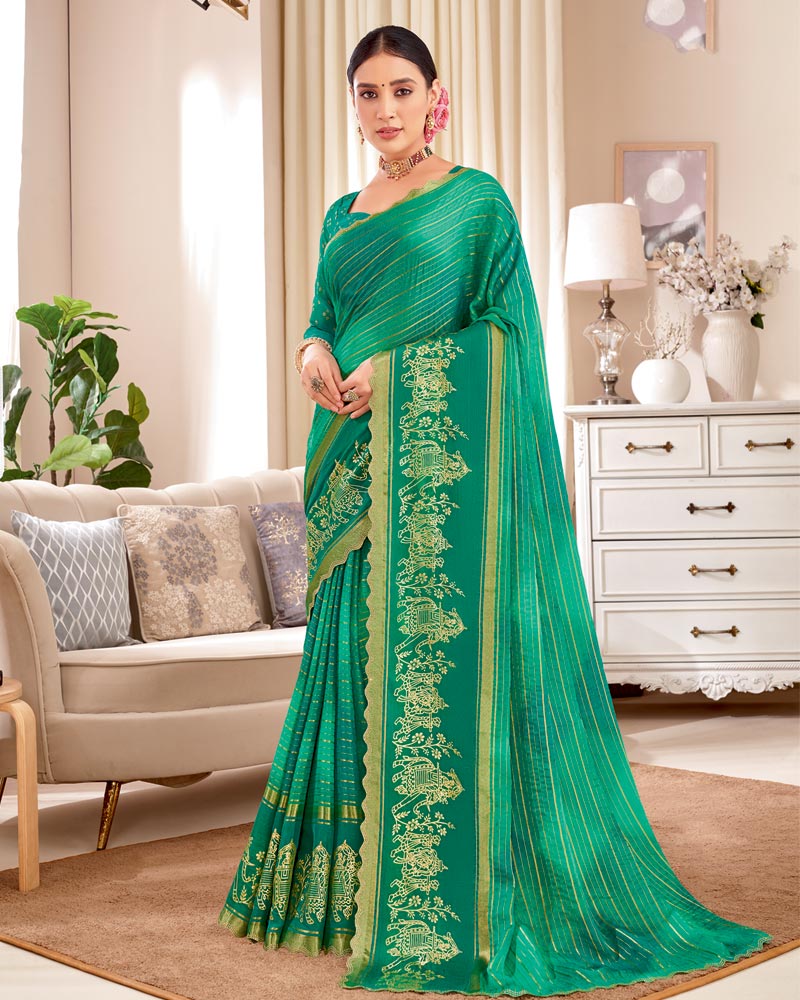 Vishal Prints Pine Green Designer Patterned Chiffon Saree With Foil Print And Cut Work Diamond Border