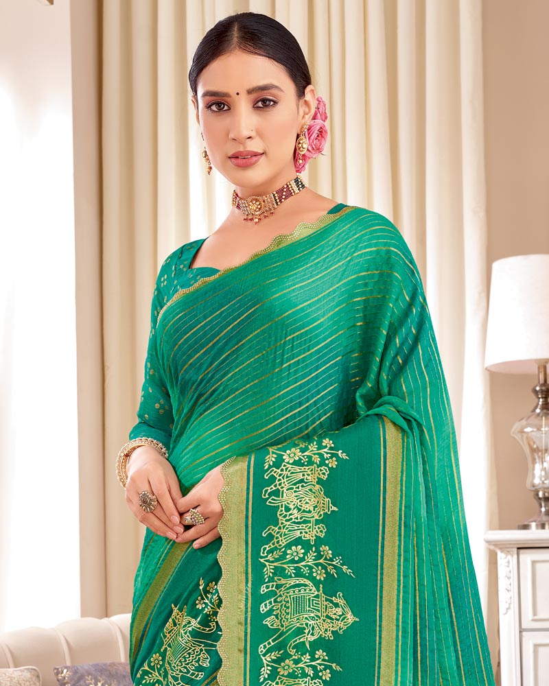 Vishal Prints Pine Green Designer Patterned Chiffon Saree With Foil Print And Cut Work Diamond Border