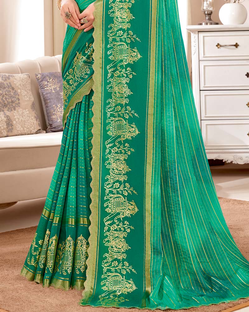 Vishal Prints Pine Green Designer Patterned Chiffon Saree With Foil Print And Cut Work Diamond Border