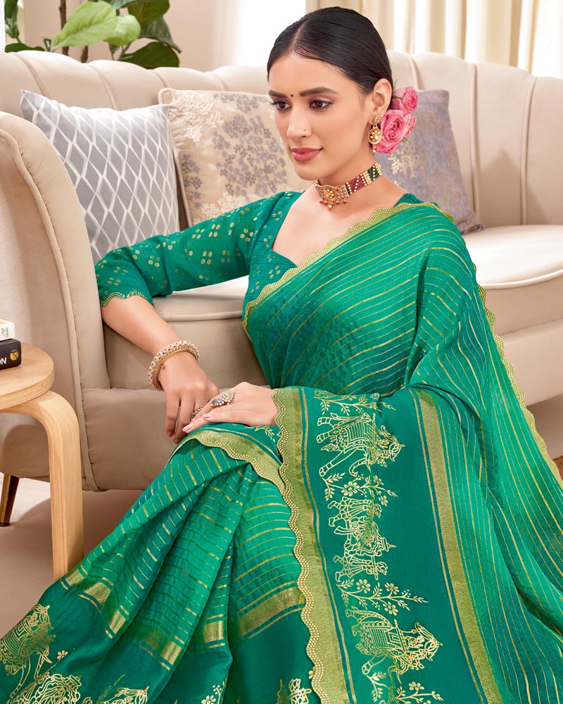 Vishal Prints Pine Green Designer Patterned Chiffon Saree With Foil Print And Cut Work Diamond Border