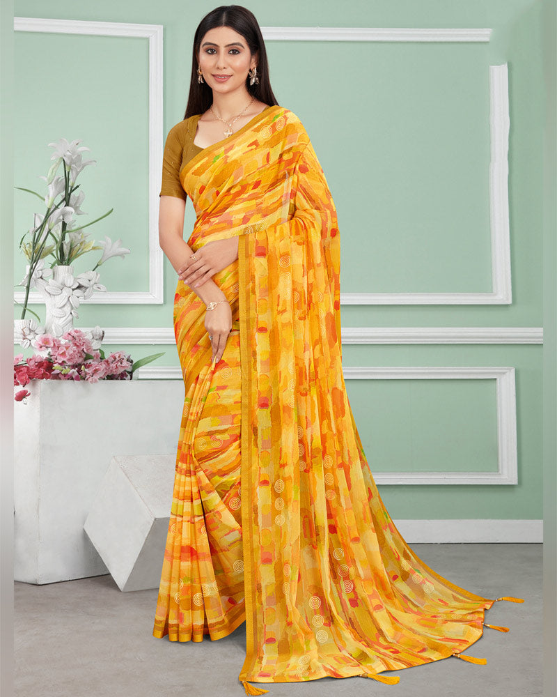 Vishal Prints Dark Yellow Digital Print Chiffon Saree With Foil Print And Tassel