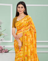 Vishal Prints Dark Yellow Digital Print Chiffon Saree With Foil Print And Tassel