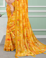 Vishal Prints Dark Yellow Digital Print Chiffon Saree With Foil Print And Tassel