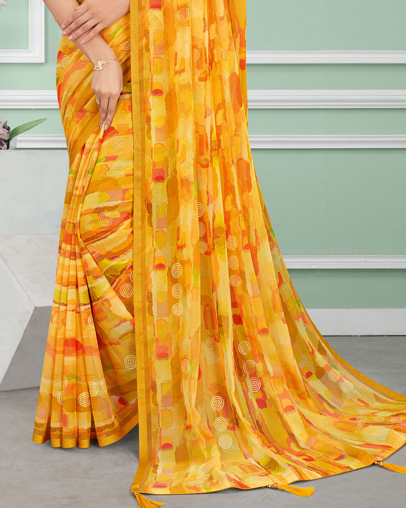 Vishal Prints Dark Yellow Digital Print Chiffon Saree With Foil Print And Tassel