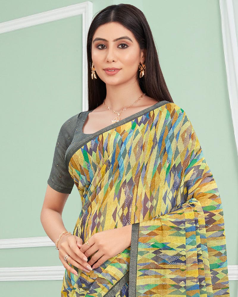 Vishal Prints Pastel Yellow Digital Print Chiffon Saree With Foil Print And Tassel