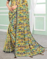 Vishal Prints Pastel Yellow Digital Print Chiffon Saree With Foil Print And Tassel