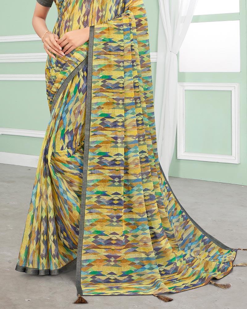 Vishal Prints Pastel Yellow Digital Print Chiffon Saree With Foil Print And Tassel