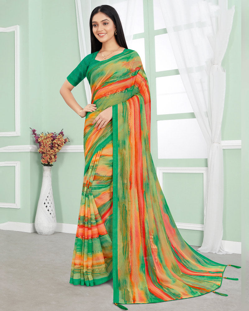 Vishal Prints Dark Sea Green Digital Print Chiffon Saree With Foil Print And Tassel